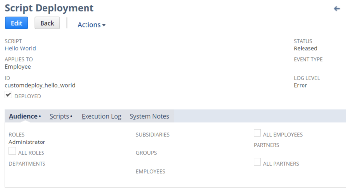 An example of a NetSuite Script Deployment record representing a Client Script deployed to the Employee record that will  only execute for users with the Administrator role.